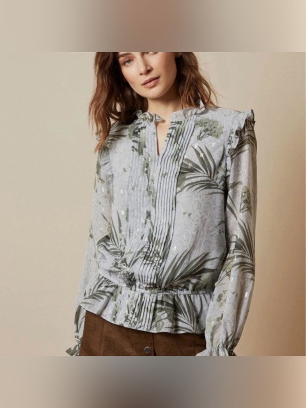 TED BAKER Tibbine Highland Frill Blouse Green Plant Leaf Print Gray US 0